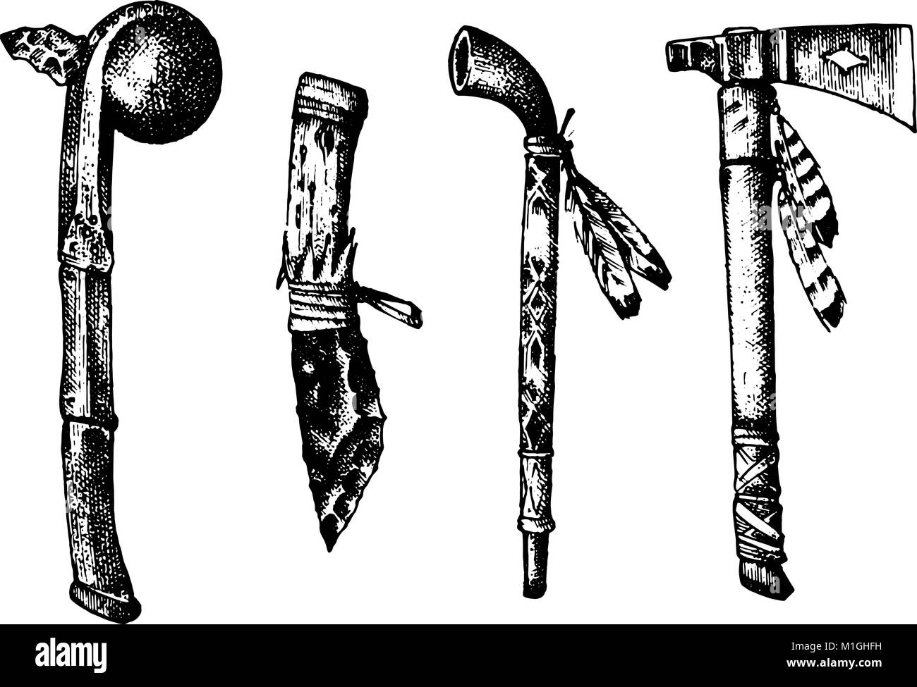 Die nationalen amerikanischen und indischen Traditionen. Mace und zeremoniellen Rohr, Messer und Axt, chanunpa oder Werkzeuge und Instrumente. graviert Hand in alte Skizze gezeichnet. Stock Vektor