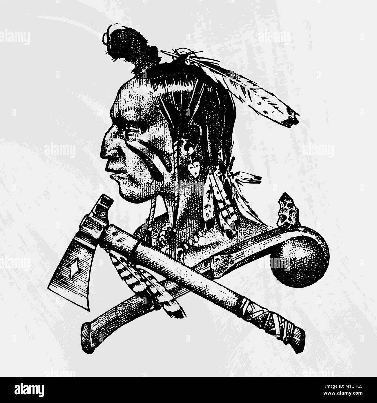 Nationale Amerikanische und indianische Traditionen. Messer und Axt, Werkzeugen und Instrumenten. graviert Hand in alte Skizze gezeichnet. Ein Mann mit Federn auf dem Kopf. Emblem oder Logo. Stock Vektor