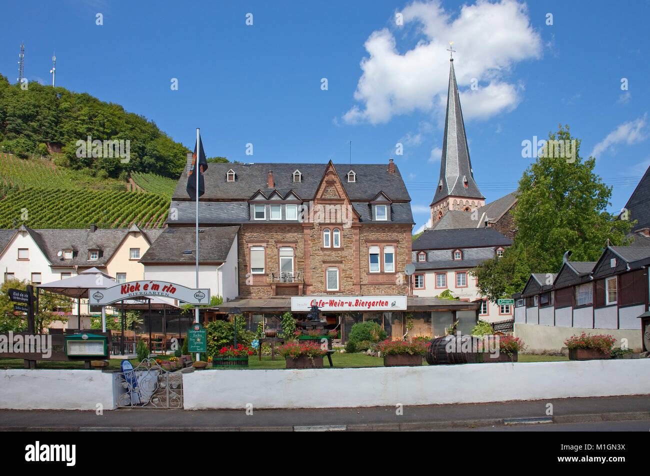 Cafe, Wein und Biergarten an der Mosel Dorf Uerzig, Mosel, Rheinland-Pfalz, Deutschland, Europa Stockfoto