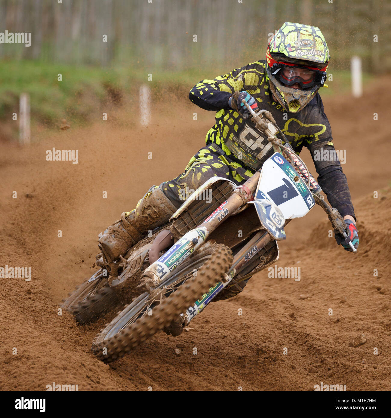 Lukas Parker auf der GH/GB Finch Husqvarna 450 an der NGR und ACU östlichen EVO Motocross Meisterschaften, Cadders Hill, Lyng, Norfolk, Großbritannien. Stockfoto