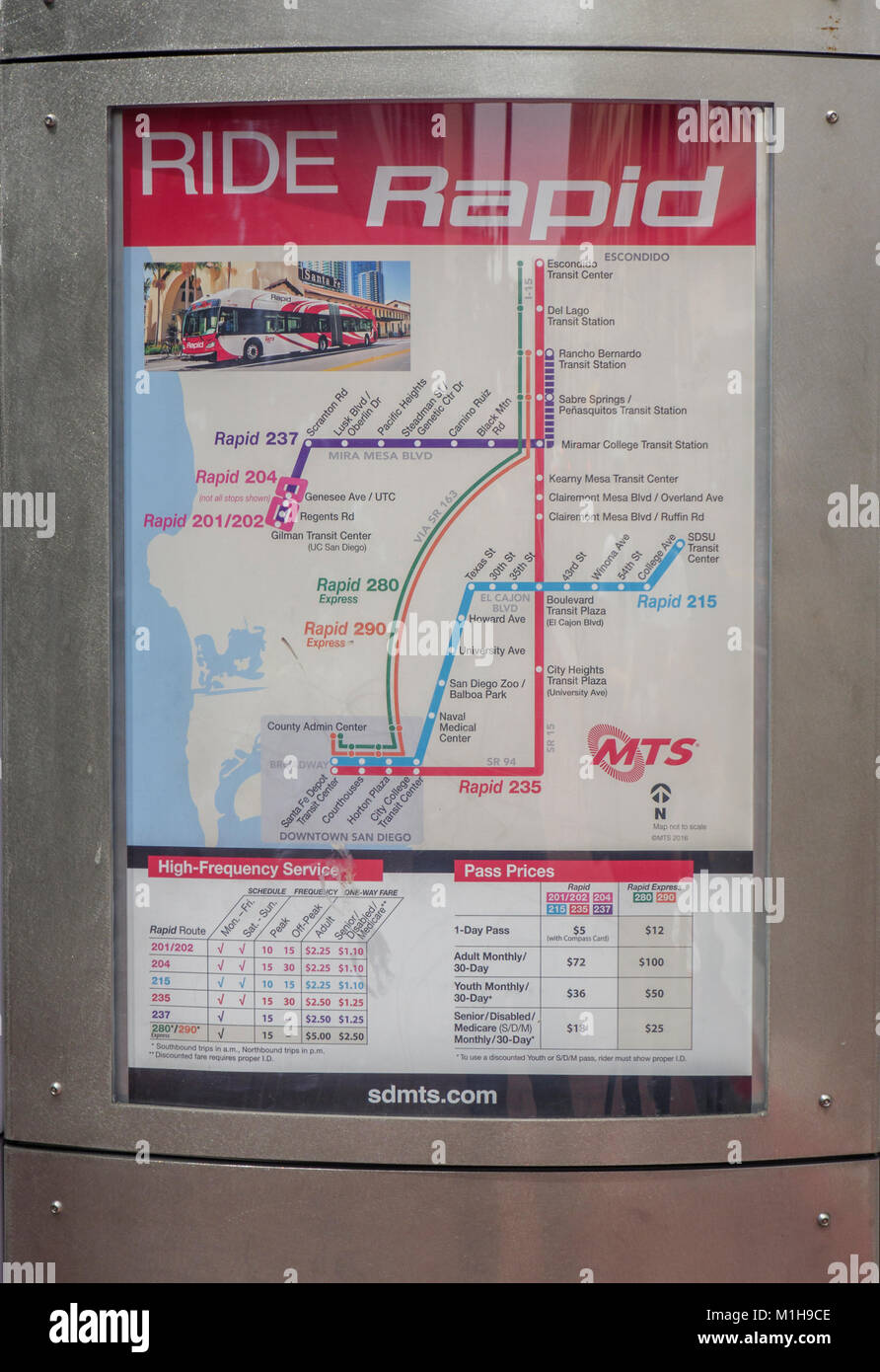 San Diego California Metropolitan Transit System (MTS), Ride Rapid Bus Route Map Stockfoto