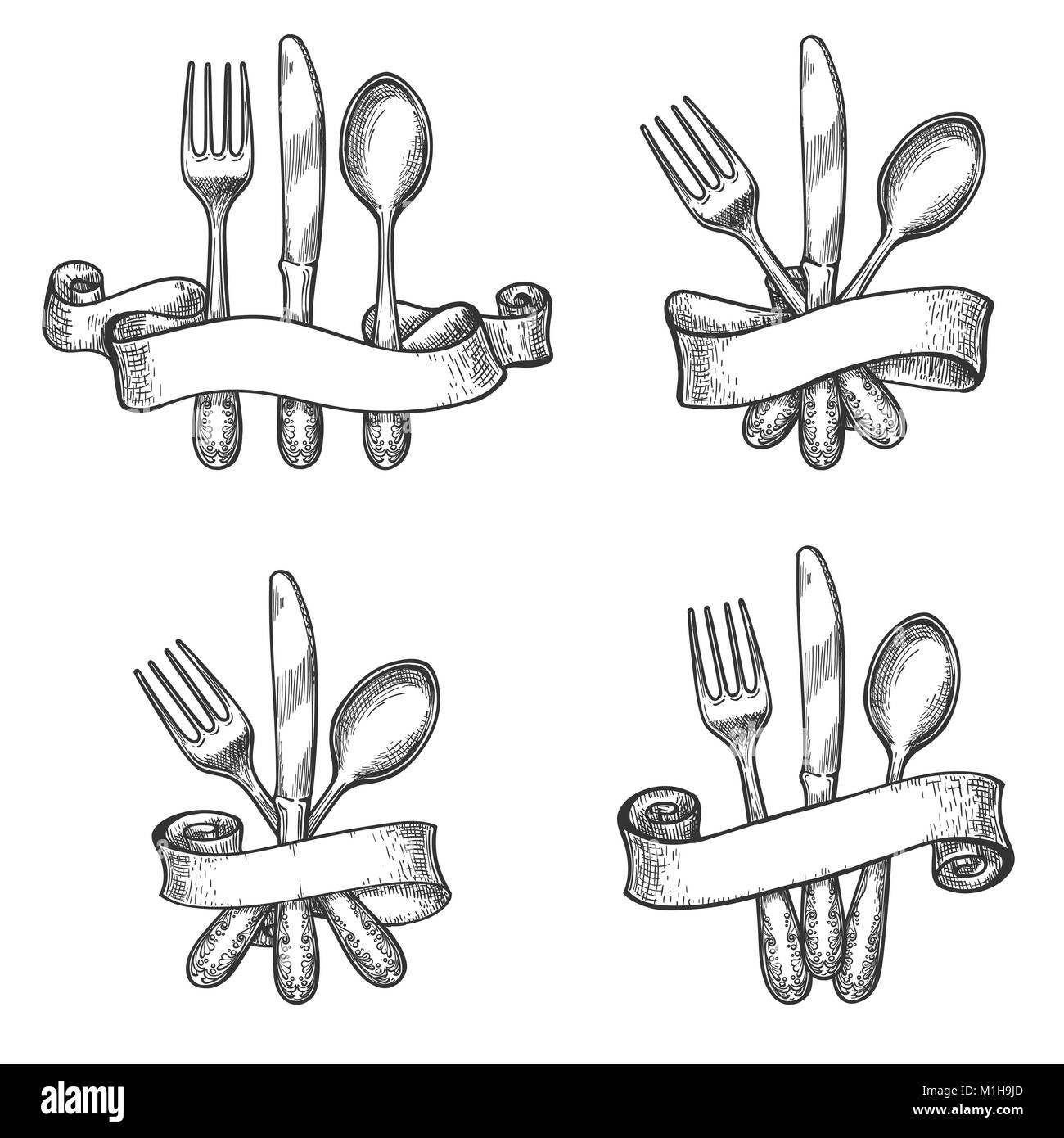 Besteck Skizze. Vintage Tisch besteck Set mit Messer und Gabel Geschirr in retro Bänder Vektor-zeichnung Stock Vektor