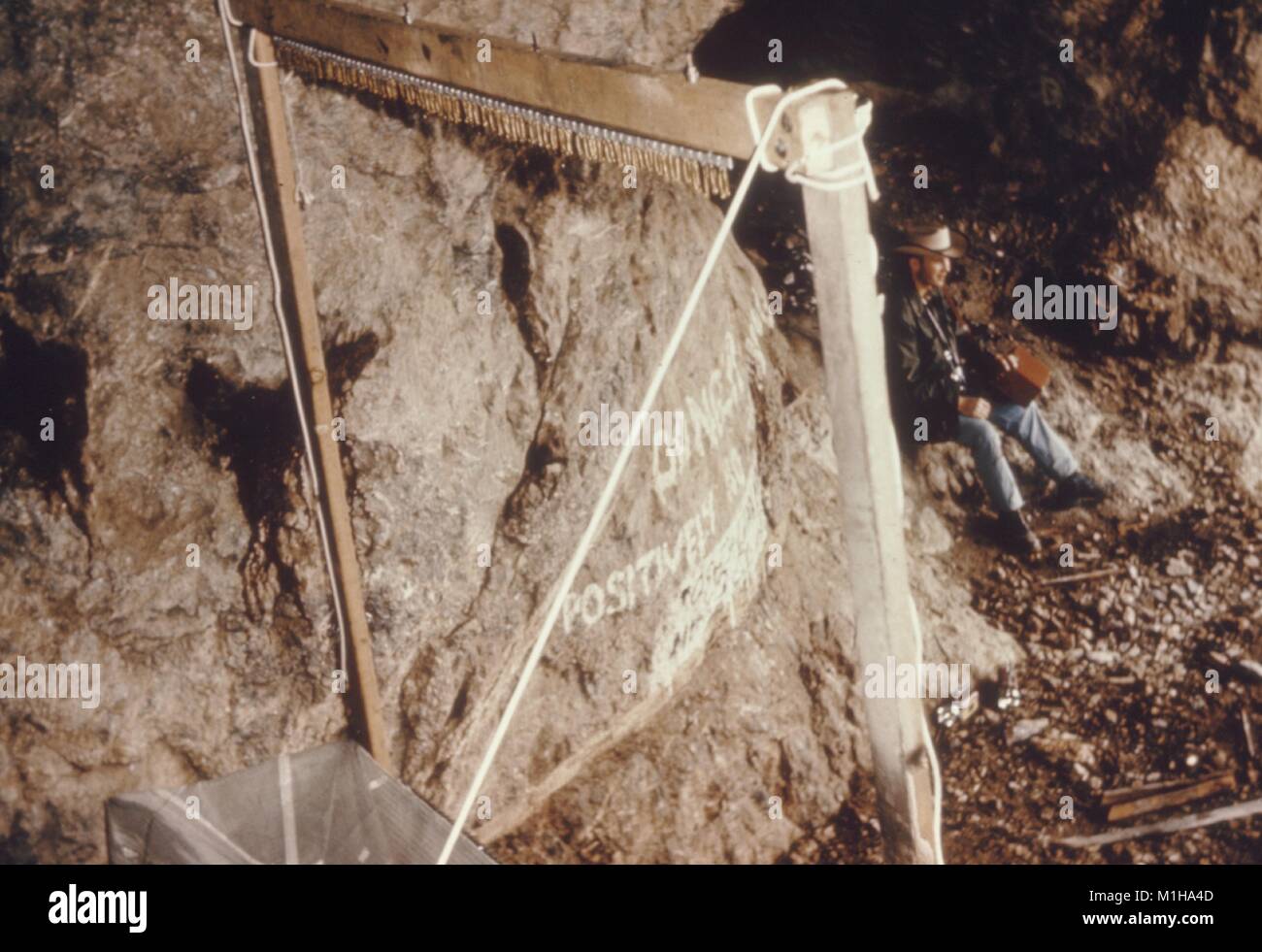 Ein Konstantin bat Falle, in einer Höhle, mit dem Mann sitzt auf einem Felsen im Rücken, während der arbovirus Feld Forschung; mit freundlicher Genehmigung Mitten zur Krankheit-Steuerung, 1974. () Stockfoto