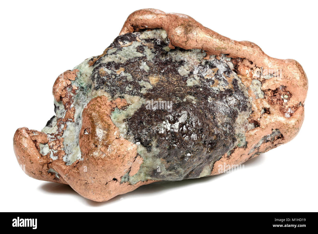 Großen einheimischen Kupfer Nugget (157 g) von Keweenaw, Michigan/USA isoliert auf weißem Hintergrund Stockfoto