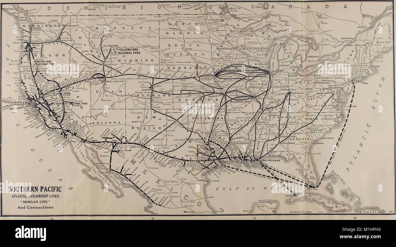 Schwarz-weiß illustration einer Karte der Vereinigten Staaten von Amerika, Reisen, Routen, die von Land und Meer, mit Untertiteln 'Southern Pacific Atlantic Steamship Lines 'Morgan Line' und Verbindungen" von der Band "Die Kalifornien Ausstellungen Öffnung auf Zeit", die von der Southern Pacific Company, 1915 verfasst. Mit freundlicher Genehmigung Internet Archive. () Stockfoto