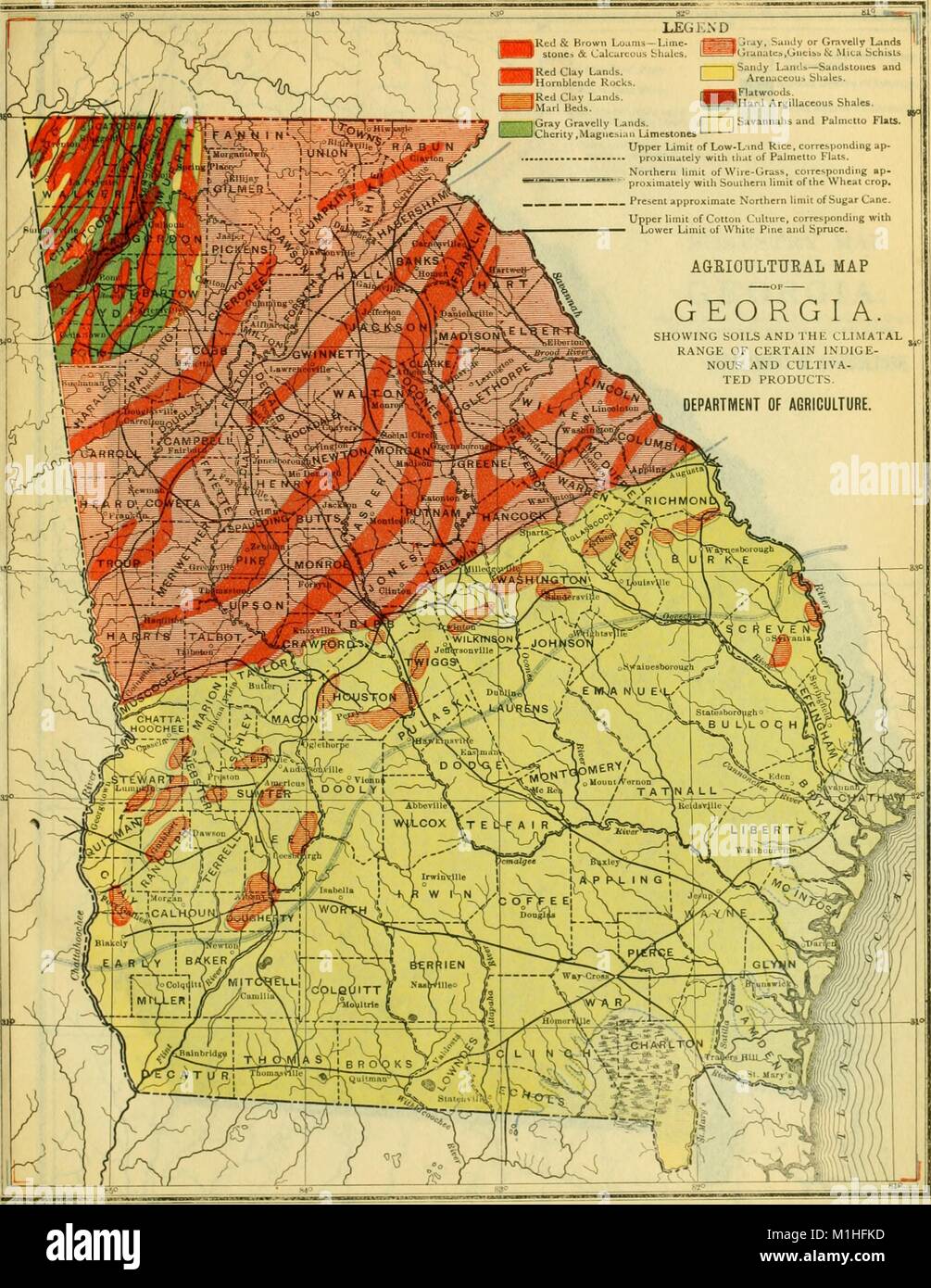 Farbe Abbildung eines landwirtschaftlichen Karte des US-amerikanischen Bundesstaates Georgia, mit einem in der farblich codierten Legende und willensbekundung Böden von Untertiteln und der climatal Palette von bestimmten Indigenen und kultiviert", von der Band "Vorteile von Georgia für Denjenigen, die Wohnungen in einem genialen Klima," durch "Georgia Abteilung der Landwirtschaft verfasst, Joseph County Derry, und RF (Robert F) Wright, 1907. Mit freundlicher Genehmigung Internet Archive. () Stockfoto