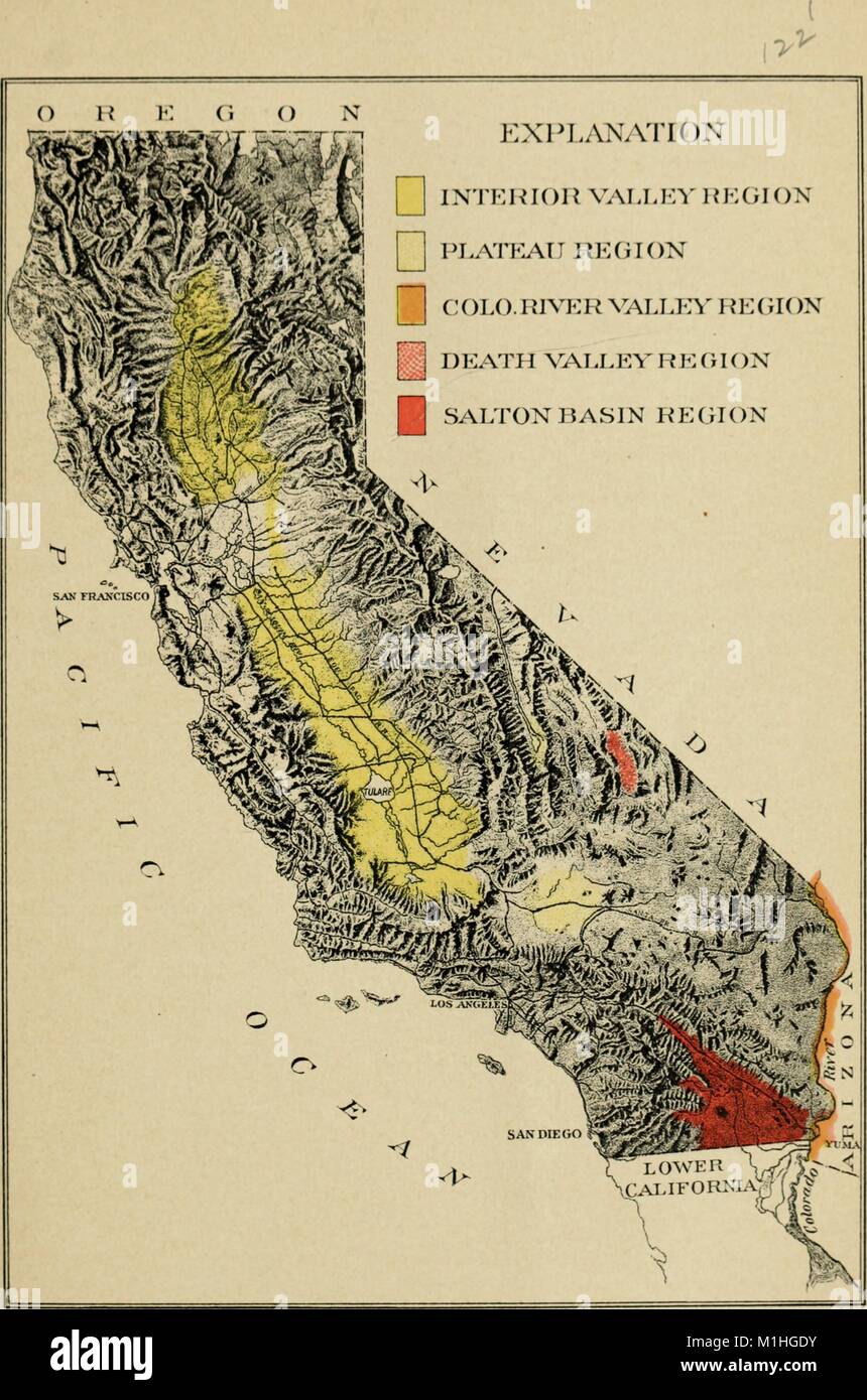 Reliefkarte Von Kalifornien Usa Mit Schattierung Physischen Merkmale Zu Bezeichnen Und Farbcodierung Zu Zeigen Regionen In Denen Termine Angebaut Werden Kann Als Eine Serie Von Sonstige Papiere In Der Us Amerikanischen Ministeriums Fur