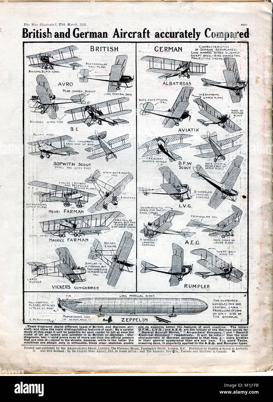 Die englische Zeitschrift "Der Krieg dargestellt", Nr. 32, März, 1915, die letzte Seite mit britischen und deutschen Flugzeugen genau verglichen, WK 1. Stockfoto