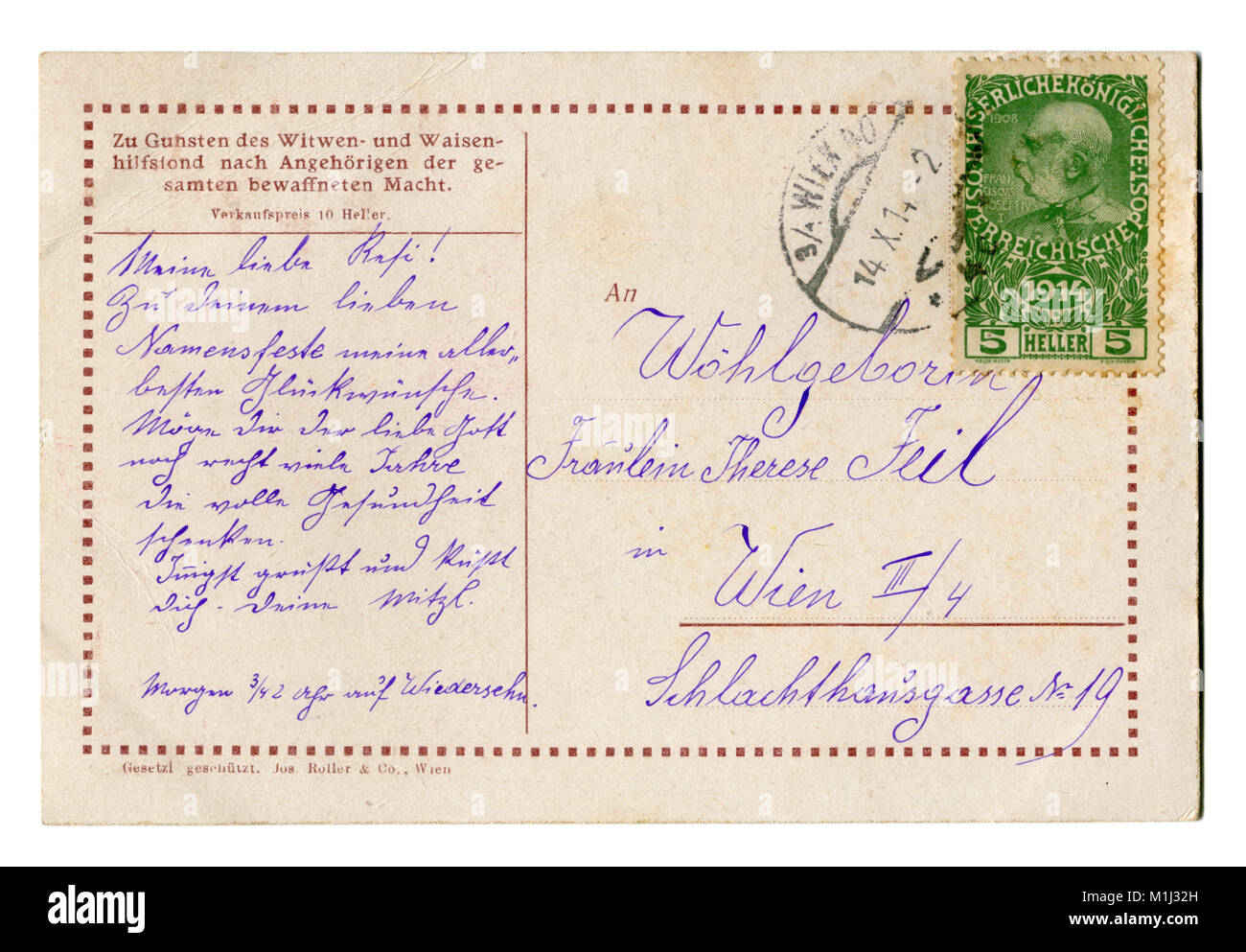 Ruckseite Des Alten Osterreichischen Weltkrieg Eine Postkarte Mit Stempel M1j33g Schreiben Eines Soldaten In Lila Tinte 1914 Geschrieben Wk 1 Stockfotografie Alamy