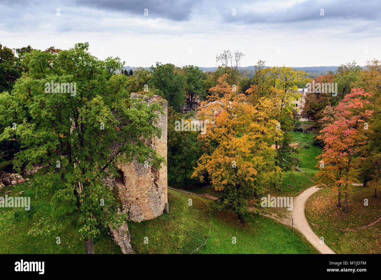 Luftaufnahme auf Herbst Park im Herbst Farben, Cesis, Lettland Stockfoto