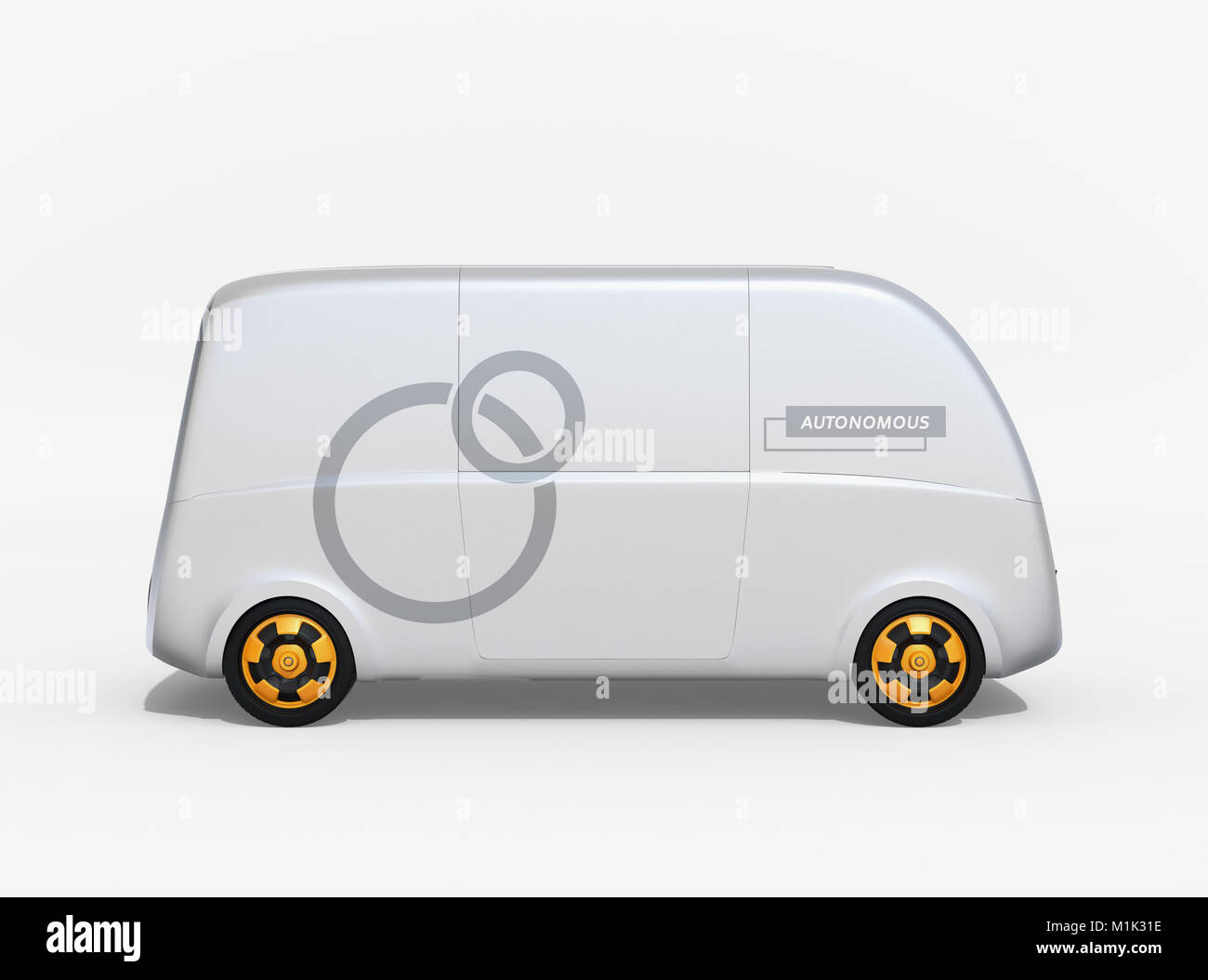 Seitenansicht des Selbstfahrer Lieferwagen auf weißem Hintergrund. Letzte Meile Konzept für die Logistik. 3D-Bild. Stockfoto