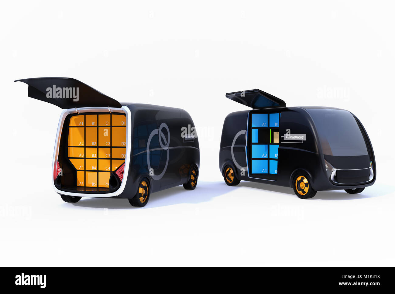 Zwei Lieferwagen isoliert auf weißem Hintergrund mit Türen geöffnet. 3D-Bild. Stockfoto