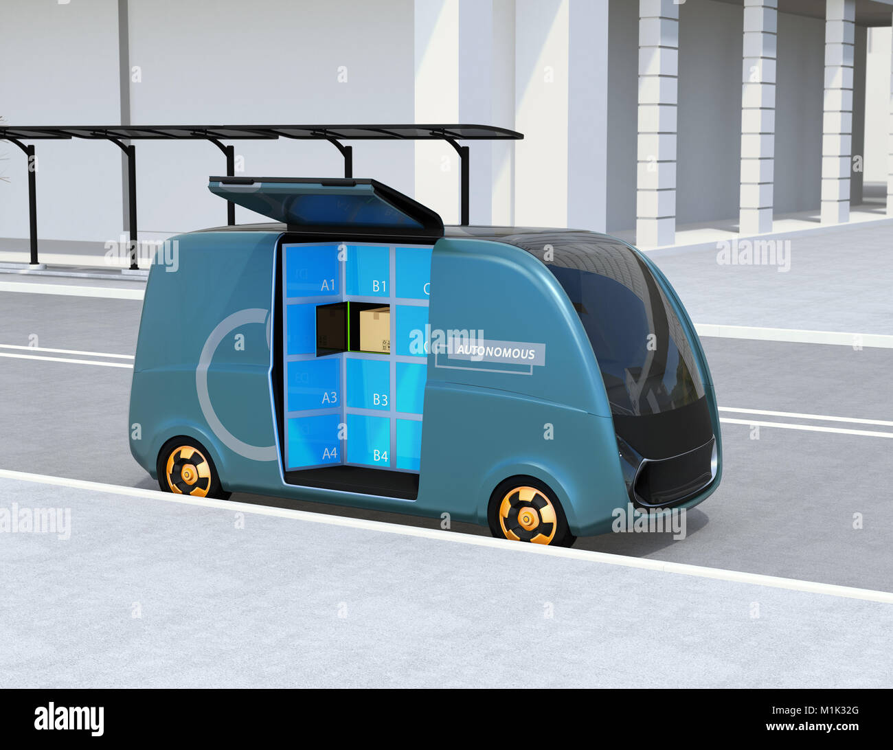 Selbstfahrer Lieferwagen Parkplätze in der Straße. Letzte Meile Konzept. 3D-Bild. Stockfoto