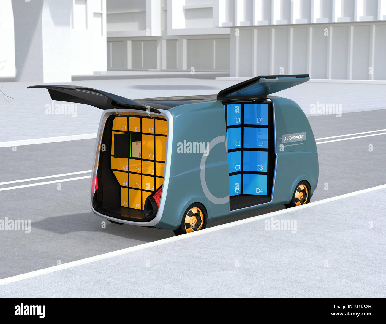 Selbstfahrer Lieferwagen Parkplätze in der Straße. Letzte Meile Konzept. 3D-Bild. Stockfoto