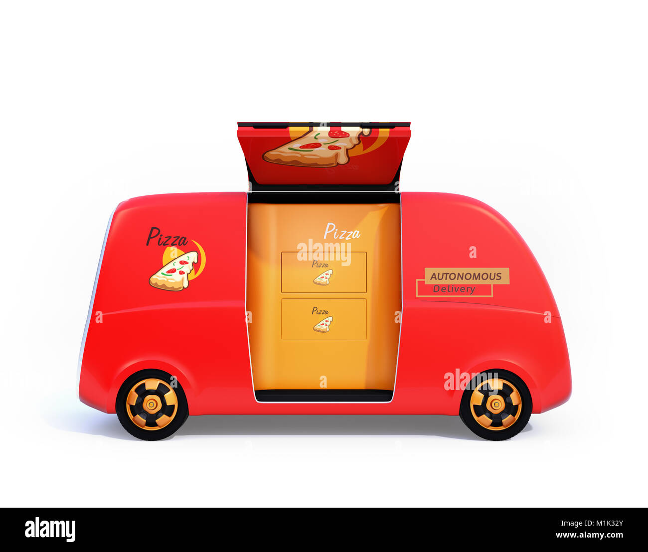 Seitenansicht des Selbstfahrer Pizza Delivery van auf weißem Hintergrund. Letzte Meile Konzept. 3D-Bild. Stockfoto