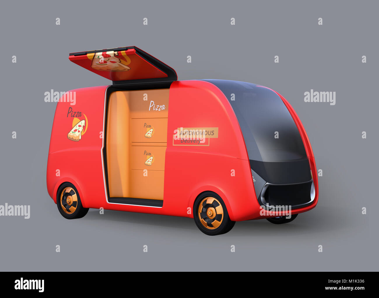 Selbstfahrer Pizza Delivery van auf grauem Hintergrund. Letzte Meile Konzept. 3D-Bild. Stockfoto