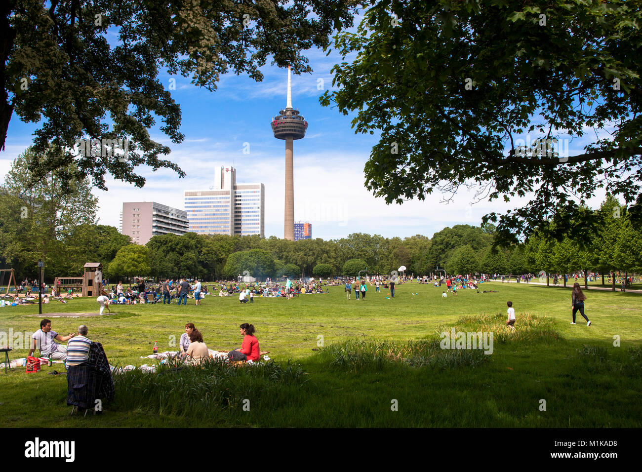 Deutschland, Köln, Leute genießen ein Sommertag am Inneren Gruenguertel, Colonius Fernsehturm. Deutschland, Koeln, Menschen geniessen einen S Stockfoto