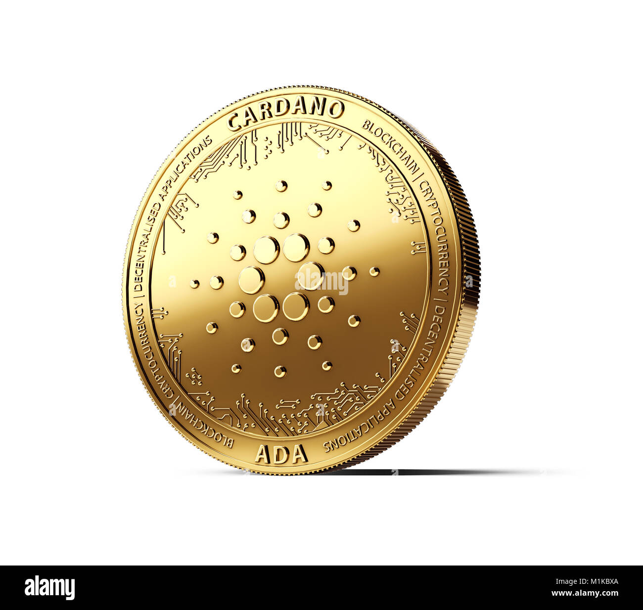 Golden CARDANO (ADA) cryptocurrency physikalischen Konzept Münze auf weißem Hintergrund. 3D-Rendering Stockfoto