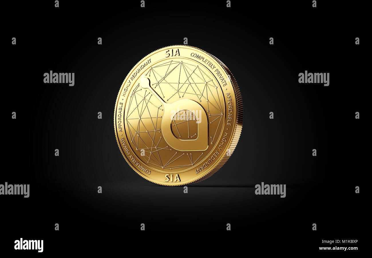 Golden SIA cryptocurrency Konzept Münze auf schwarzen Hintergrund isoliert. 3D-Rendering Stockfoto