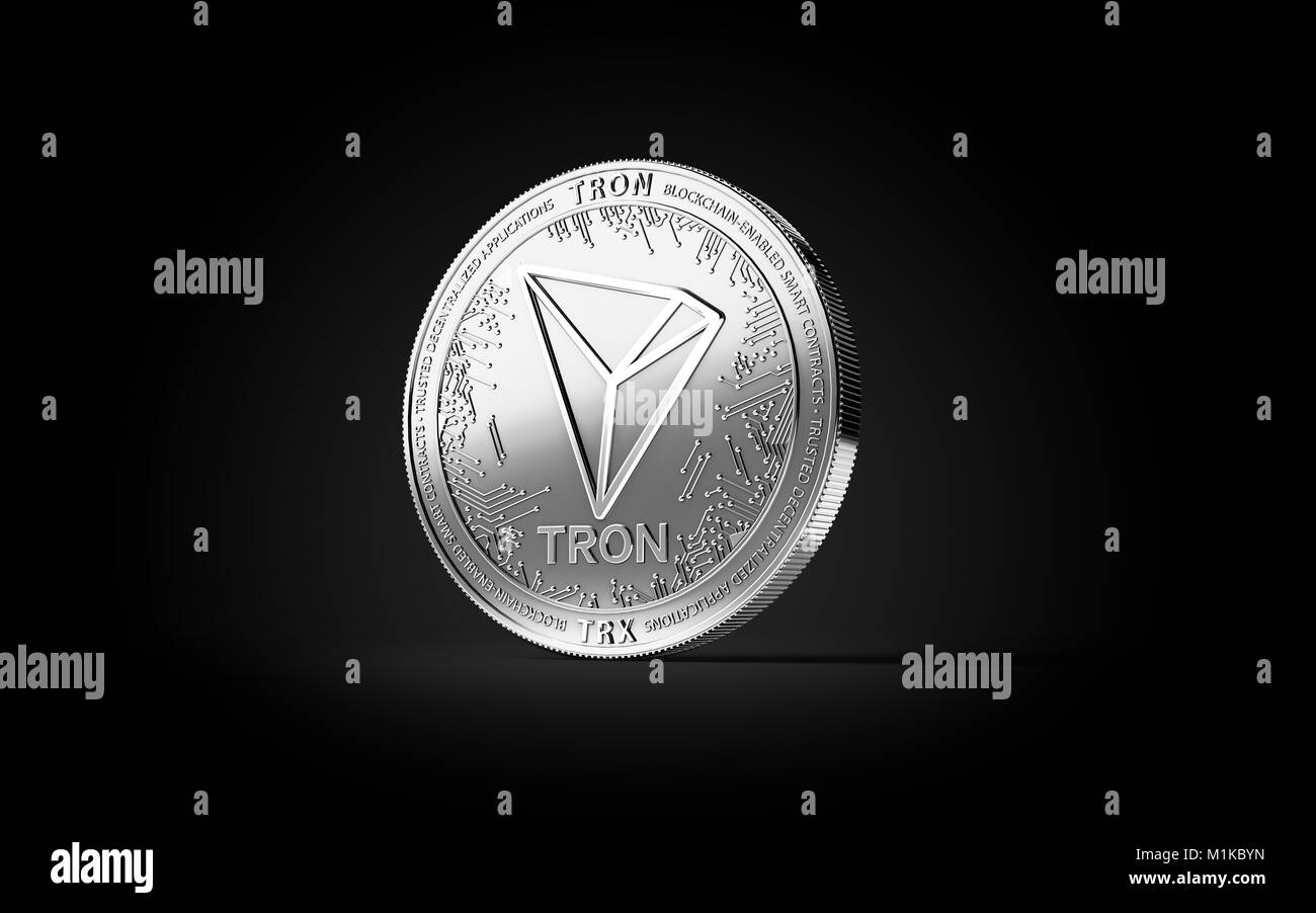 Silber TRON cryptocurrency physikalischen Konzept Münze auf schwarzen Hintergrund isoliert. 3D-Rendering Stockfoto