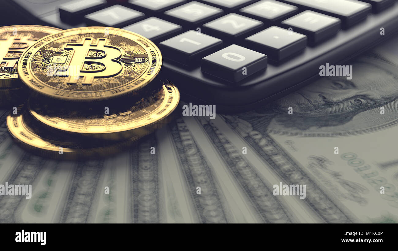 Bitcoin Haufen und Taschenrechner auf dollarscheine. Gebühren und Steuern für cryptocurrencies Investitionen Konzept. 3D-Rendering Stockfoto