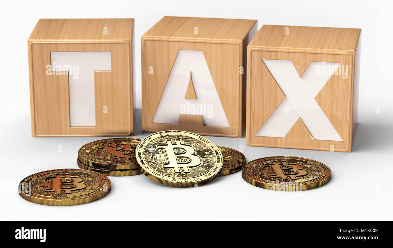 Holzblöcke mit Buchstaben und Bitcoin Münzen. 3D-Rendering isoliert Stockfoto