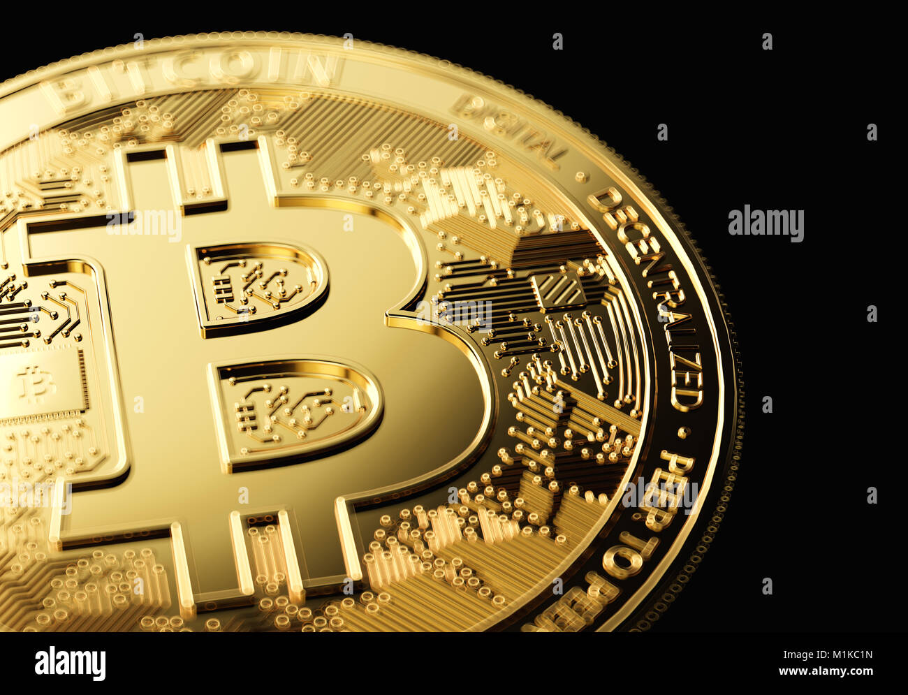 Golden Bitcoin in Nahaufnahme auf schwarzen Hintergrund mit Kopie Raum auf der rechten Seite. 3D-Rendering Stockfoto