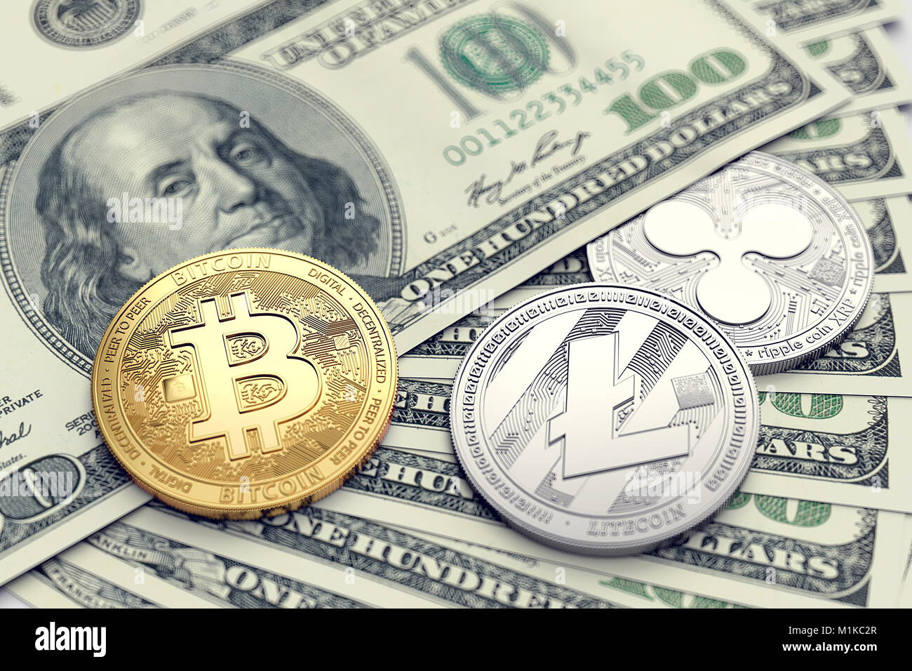 Cryptocurrencies und Dollar Banknoten. Austausch von cryptocurrencies für einen Fiat money. 3D-Rendering Stockfoto