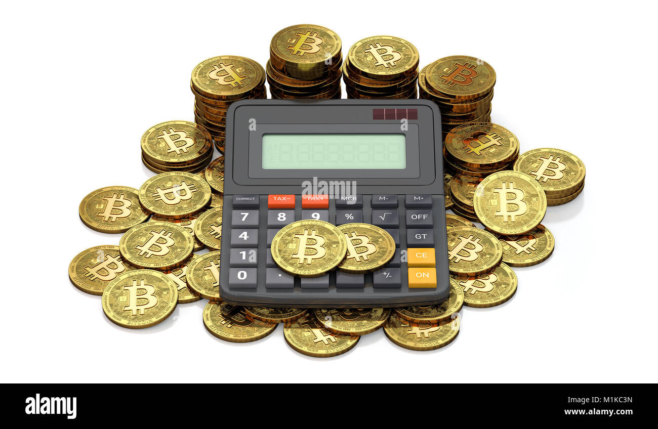 Taschenrechner und riesigen Stapel oder Stoß an Bitcoin Münzen. Steuerberechnung Konzept. Kopieren Sie Platz im Rechner zur Verfügung. 3D-Rendering Stockfoto