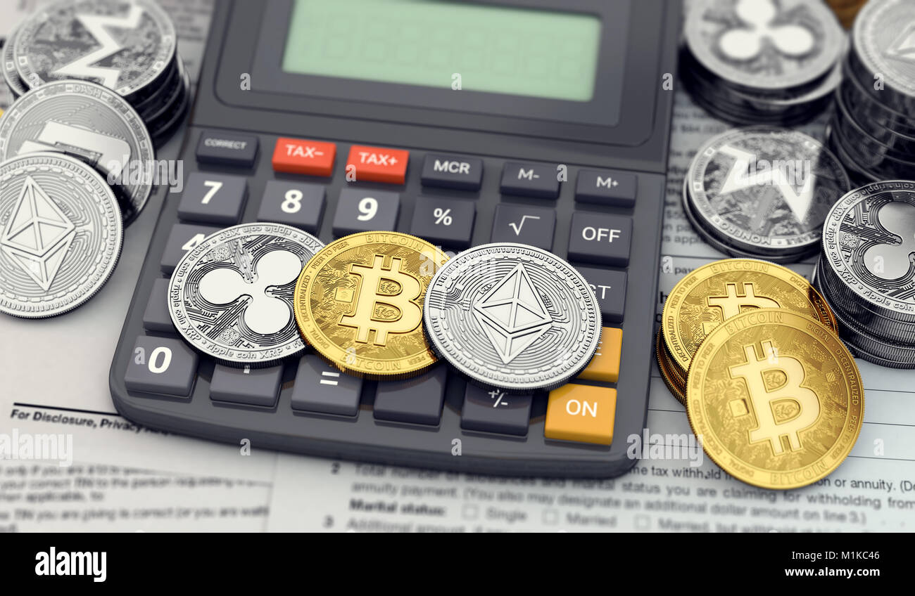 Cryptocurrency Einkommensteuer Berechnung Konzept. Drei beliebte cryptocurrencies Verlegung auf dem Taschenrechner Tastatur. 3D-Rendering Stockfoto