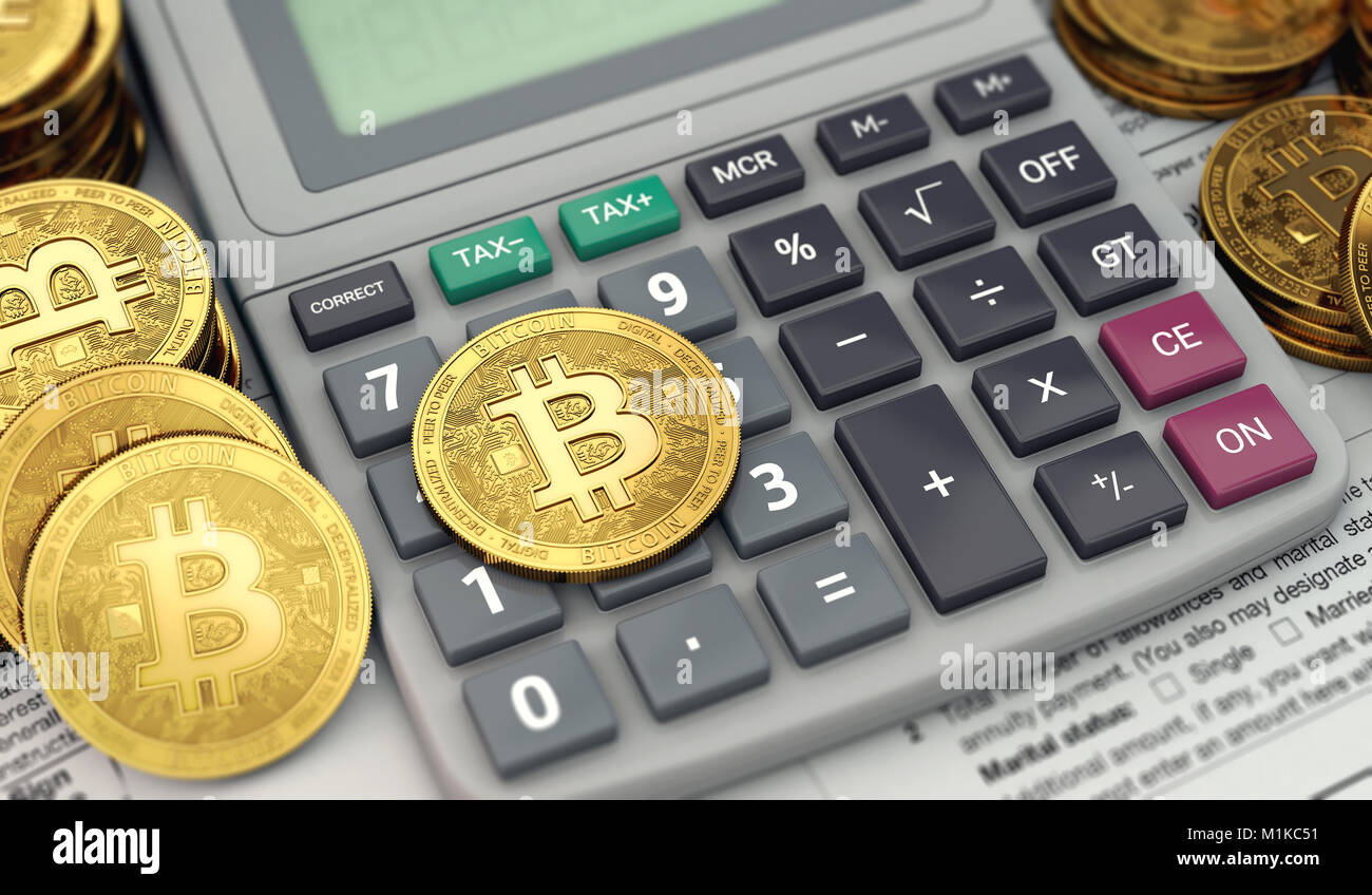 Taschenrechner, Dokumente und Bitcoins. Cryptocurrency Steuererklärung Konzept. 3D-Rendering Stockfoto