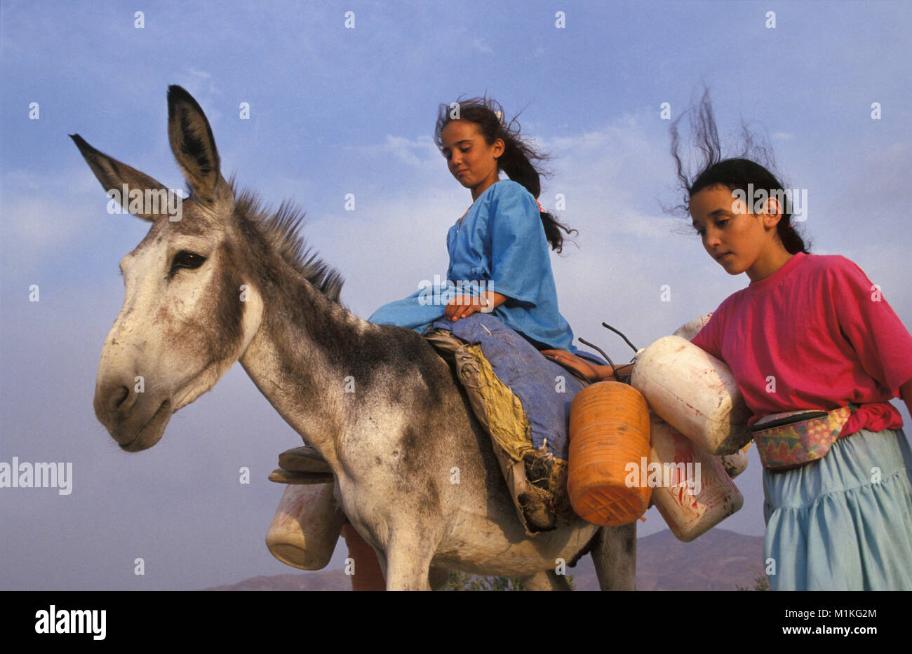 Marokko. Kassita. Rif Gebirge. Mädchen der Berber Stamm auf Esel Transportieren von Wasser. Stockfoto