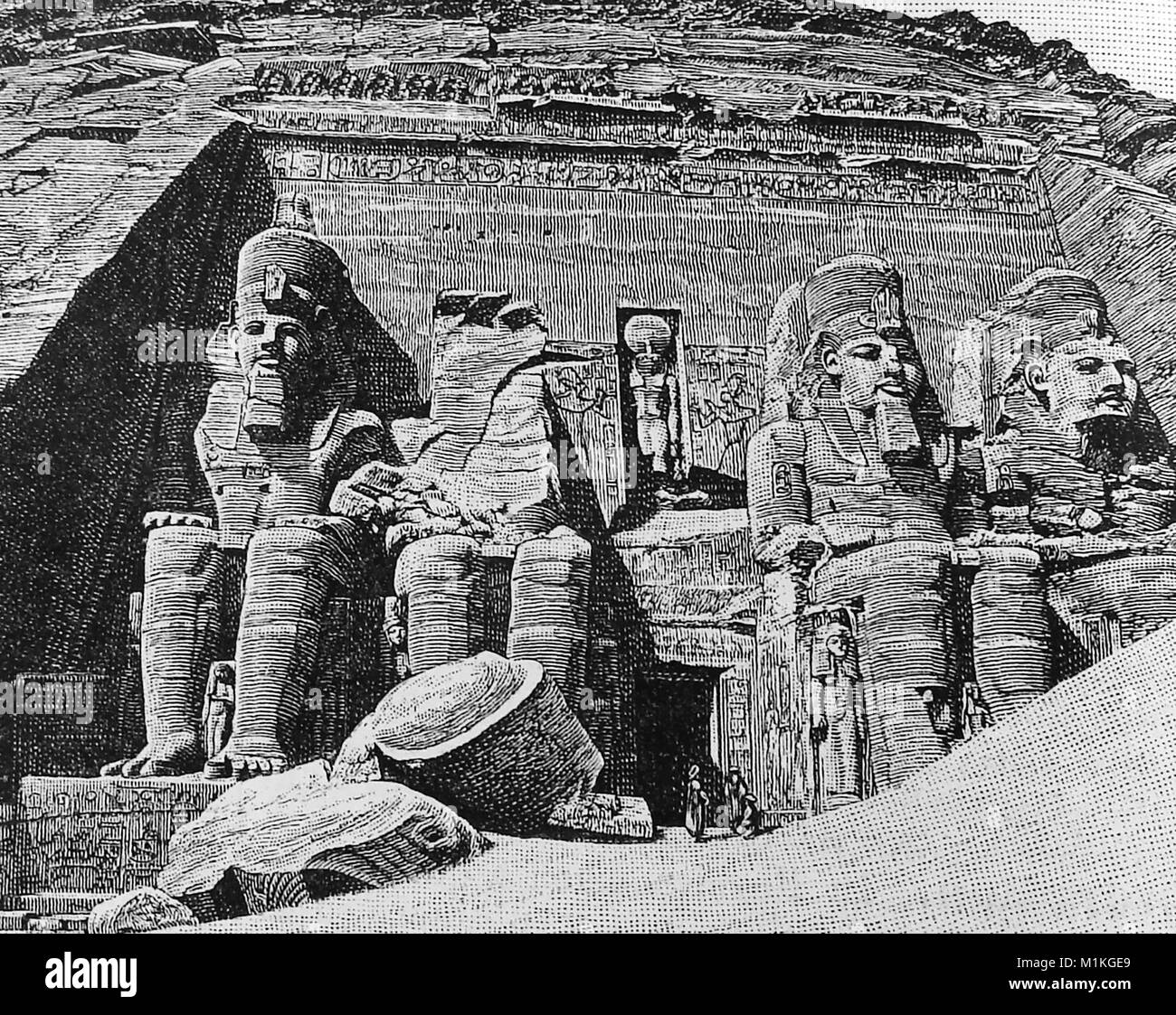 1889 Kammern Enzyklopädie Abbildung der Fassade des großen Tempels von Abu Simbel, in Nubien Bezirk, im Sudan, in Ägypten vor Re - Lage der Ruinen in 1968 Stockfoto