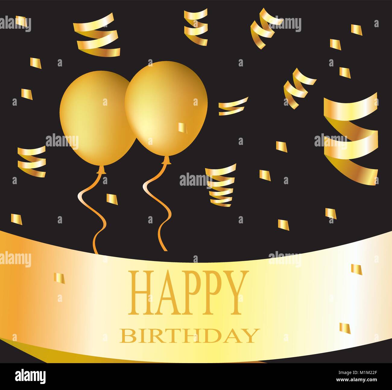 Happy birthday Karte mit goldenen Luftballons auf schwarzem Hintergrund Stock Vektor