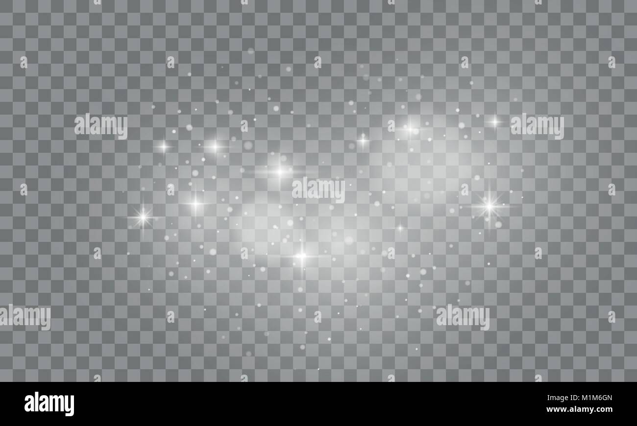 Der weiße Lichter Auswirkungen auf transparentem Hintergrund isoliert. Sun Flash mit Leuchten Licht und Scheinwerfer. Vector Illustration. Stock Vektor