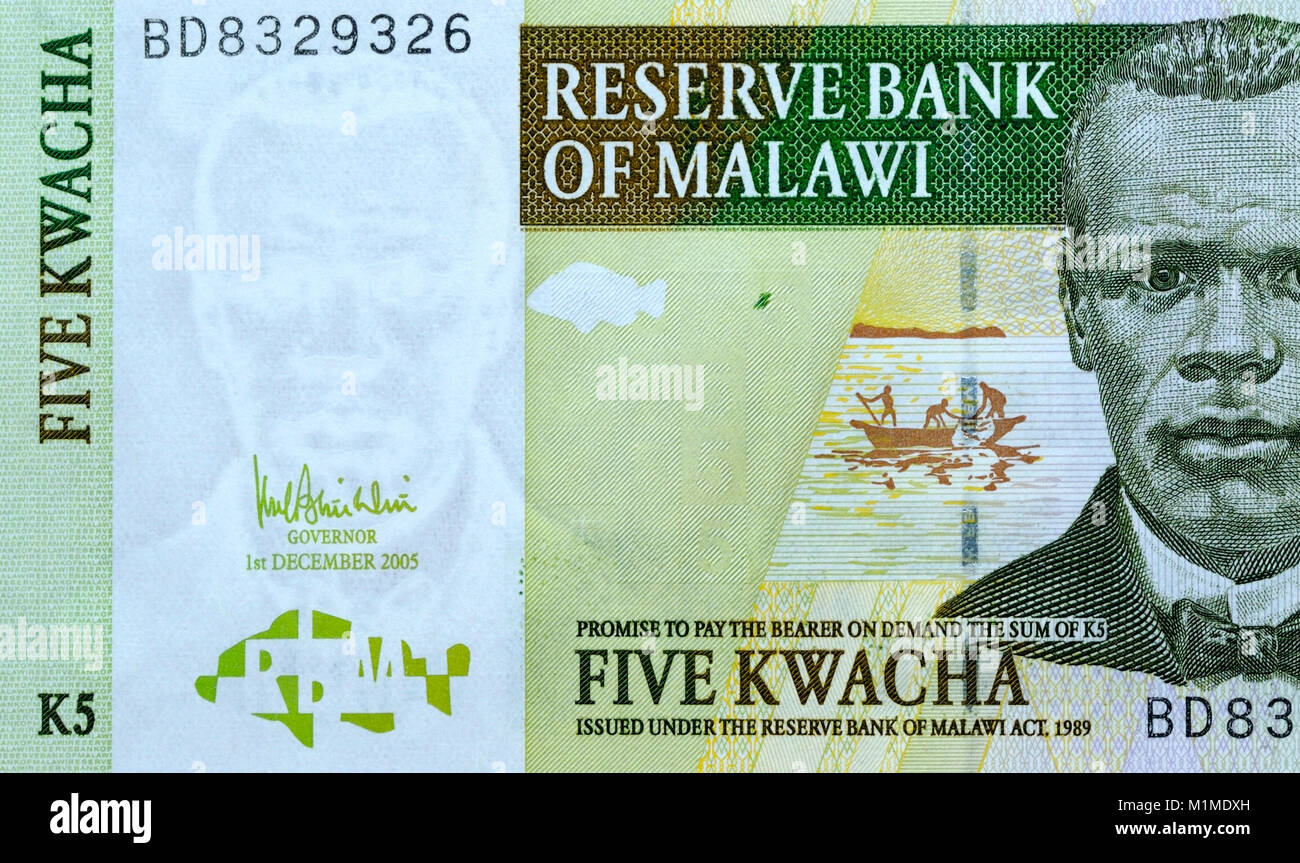 Malawi 5 Kwacha Banknoten Stockfoto