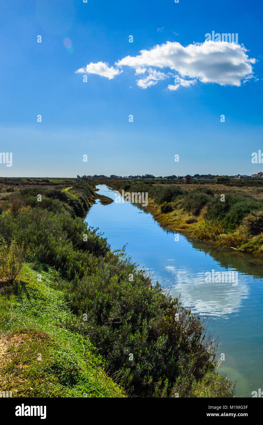 Ein Feuchtgebiet von internationaler Bedeutung, die Ria Formosa ist ein Labyrinth von Kanälen, Inseln, Marschland und Sandstränden, die sich 60 km Alo Stockfoto