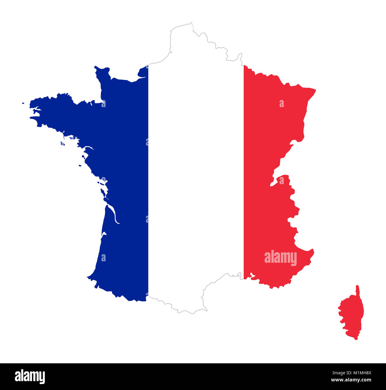 Französische Republik. Flagge in Silhouette von Frankreich. Land und Grenzen als skizzieren. Die Farben der Nation. Banner mit blauen, weißen und roten Streifen. Stockfoto