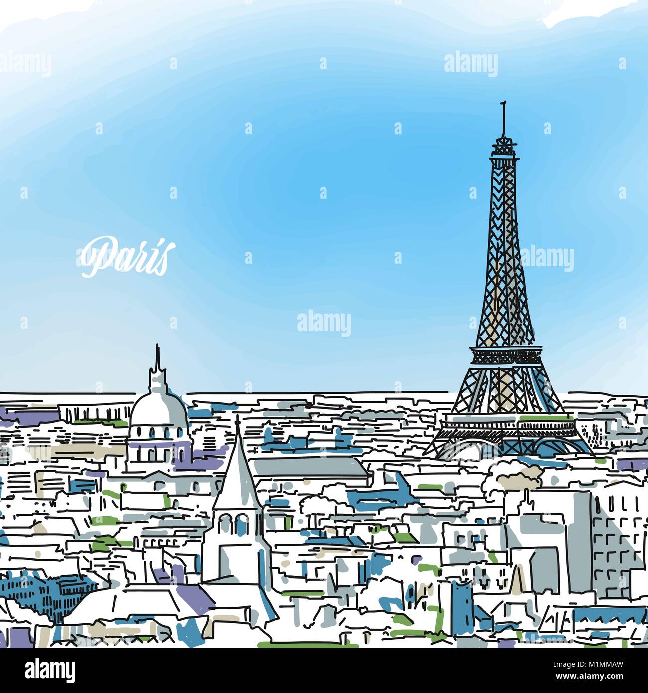 Paris farbiges Panorama Banner. Layout für die Grußkarte und Banner Design. Marketing Skizze Stock Vektor