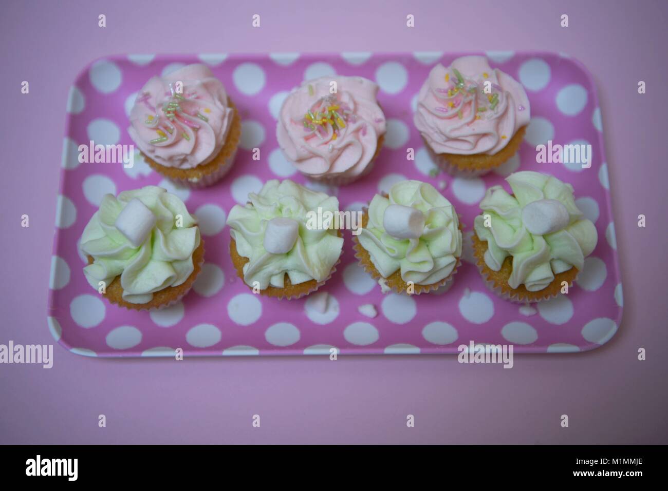 Wunderschöne mini Cupcakes in Pastellfarben auf einer kleinen Polka Dot Pattern Fach mit rosa Hintergrund Stockfoto
