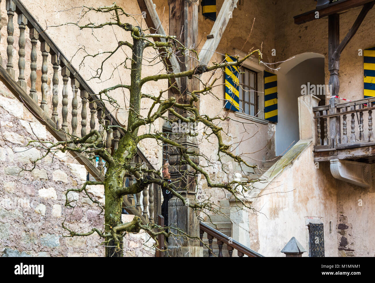 Schloss d'Enna (Schloss Enn in deutscher Sprache): Details des beeindruckenden Schlosses auf einem Hügel über Montagna in Südtirol, Bozen, Italien localed. Es w Stockfoto