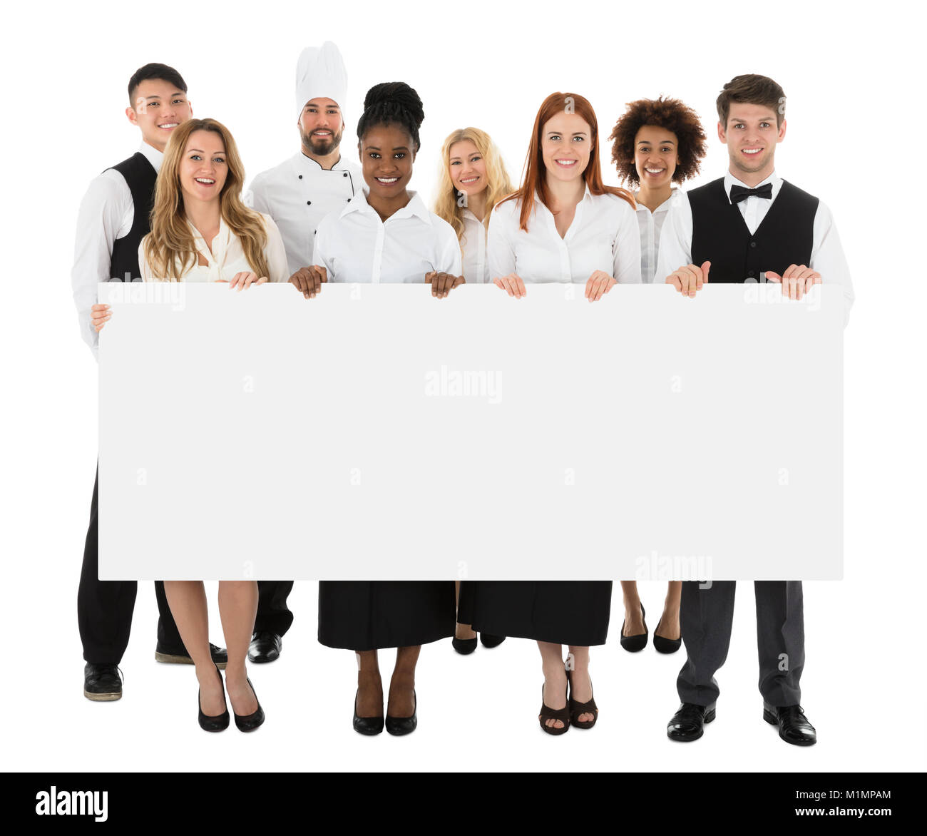 Happy multirassischen Restaurant Personal Holding lange leer Banner Stockfoto