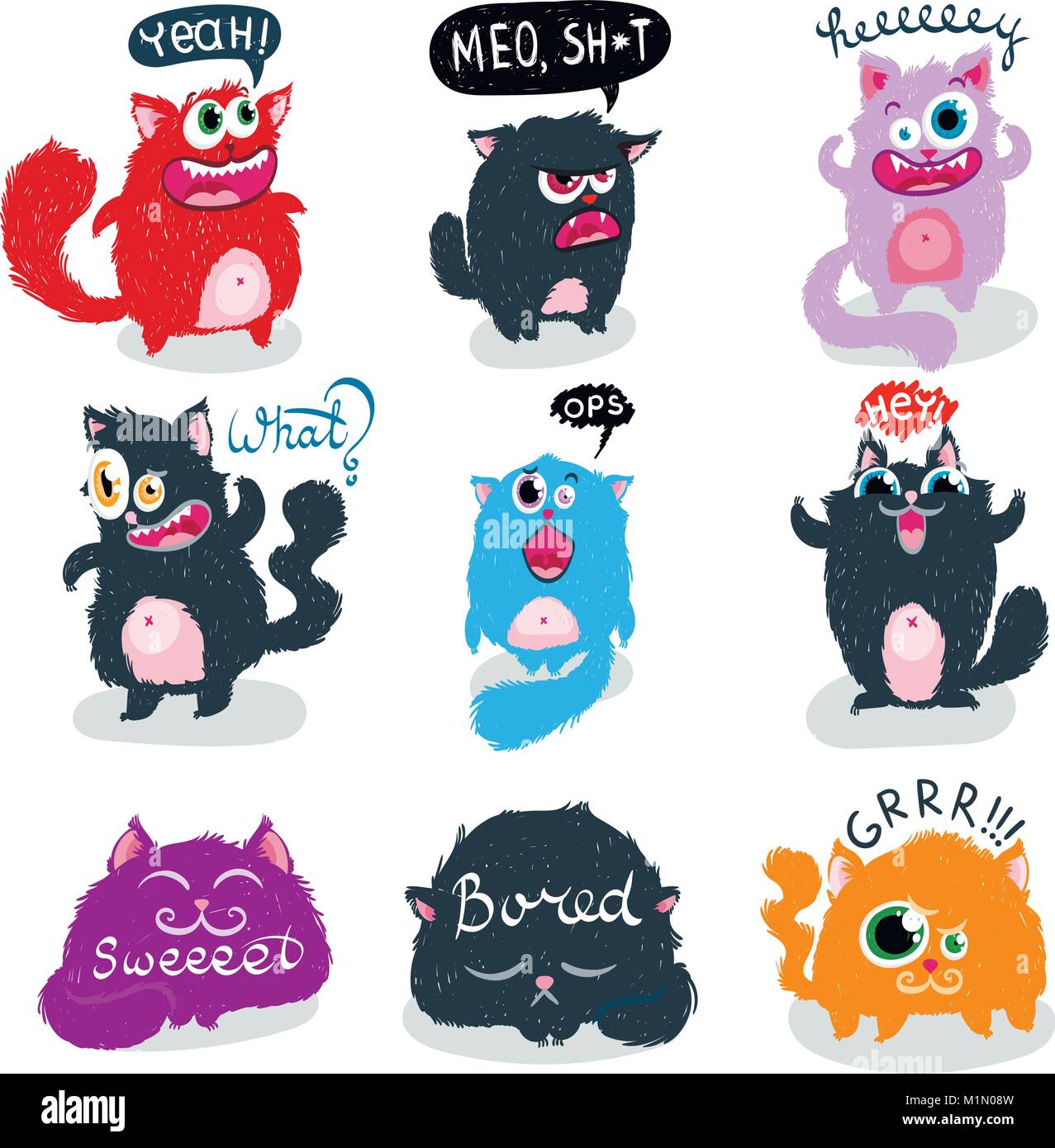 Süßeste doodle Monster Katzen. Vektor Elemente Sammlung. Gestreifte Tiere mit Anführungszeichen Stock Vektor