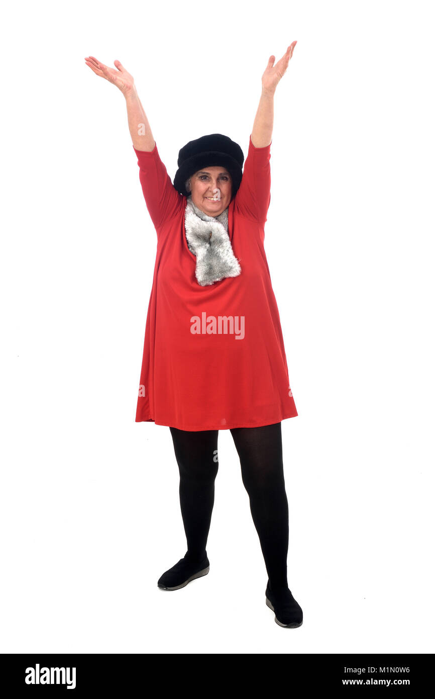 Porträt einer älteren Frau mit glücklichen Haltung auf Weiß Stockfoto