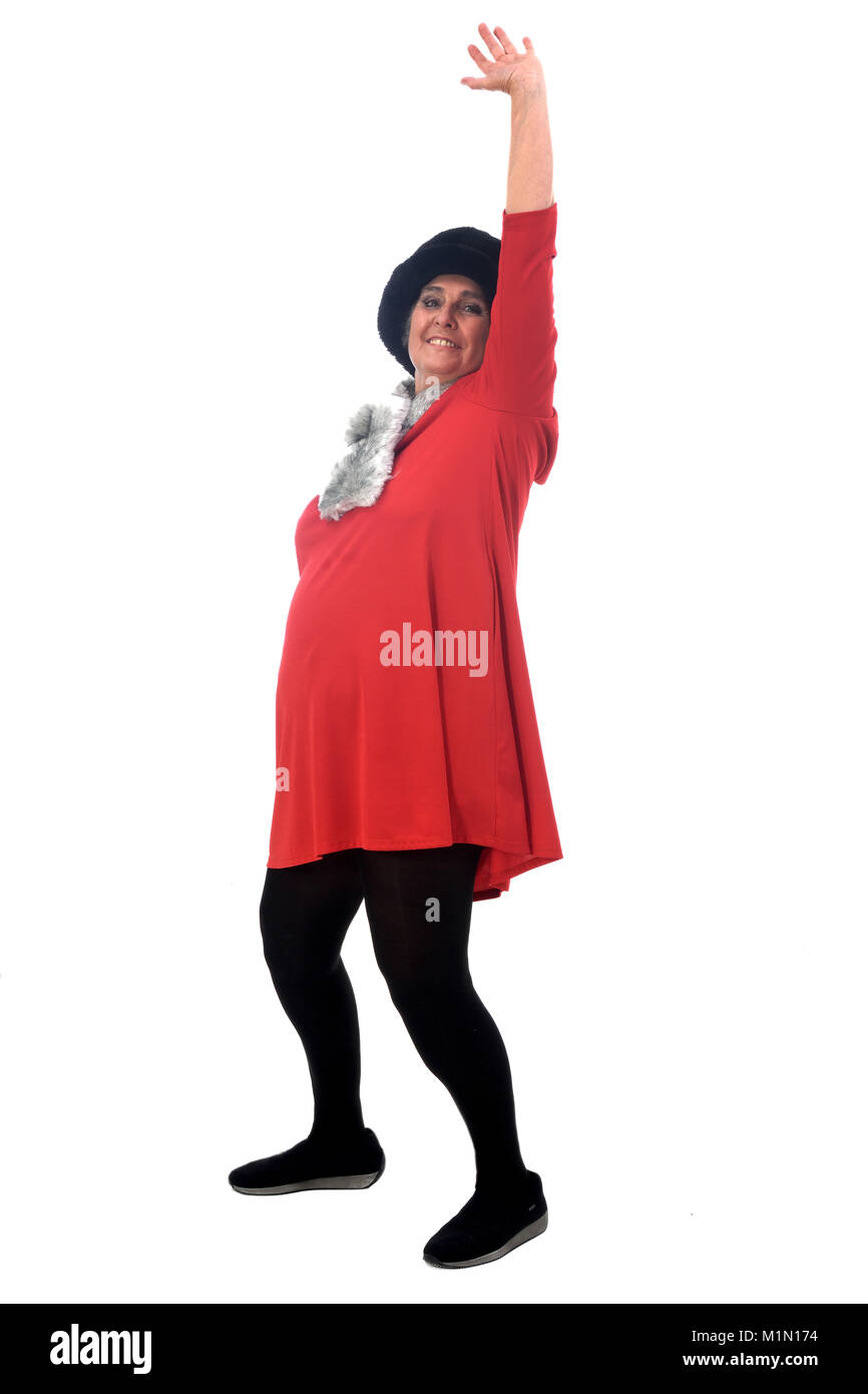 Porträt einer älteren Frau mit glücklichen Haltung auf Weiß Stockfoto