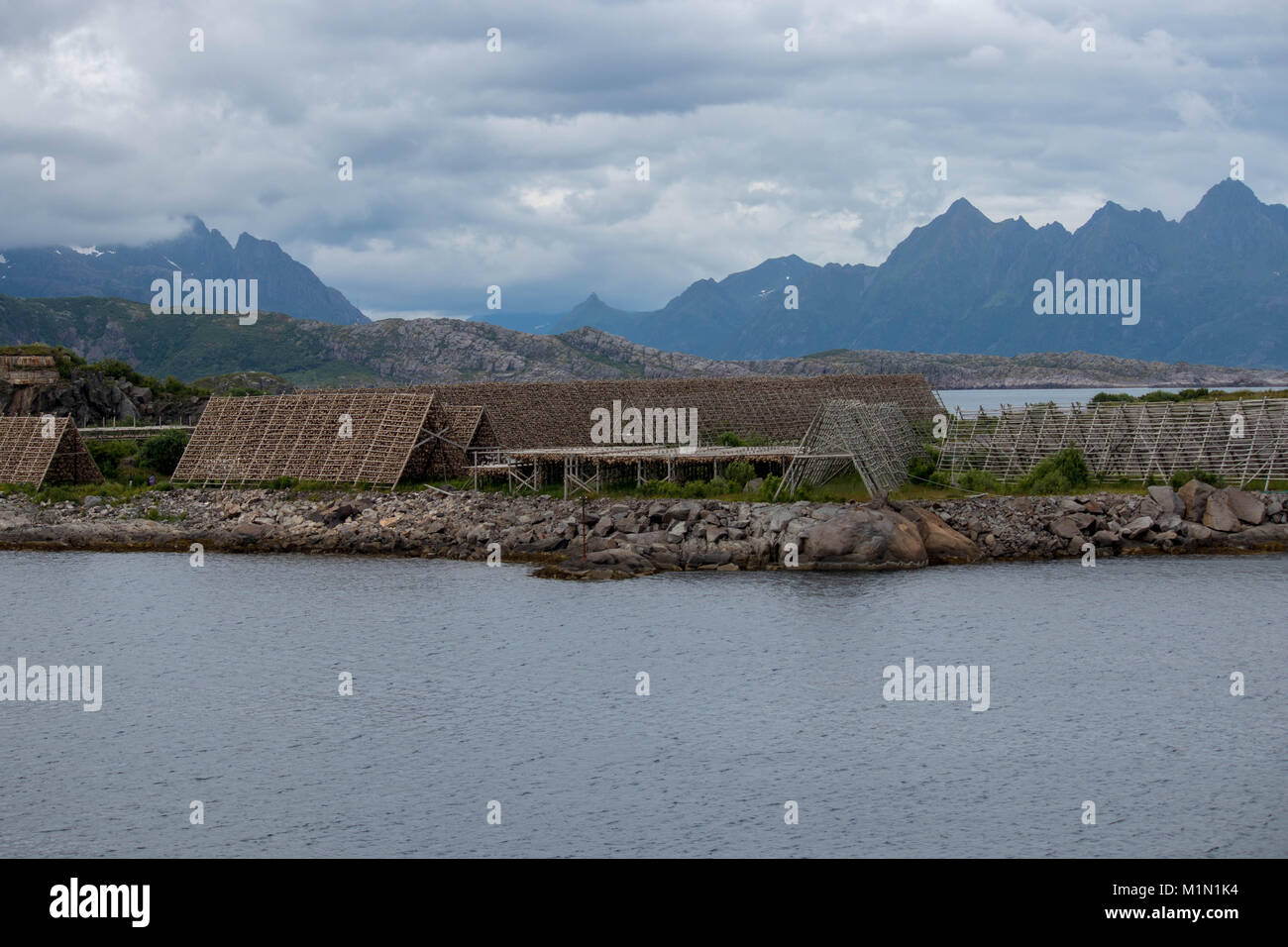 Gestelle für die Trocknung von Stockfisch in der Stadt Svolvaer in Nordland County, Norwegen. Stockfoto
