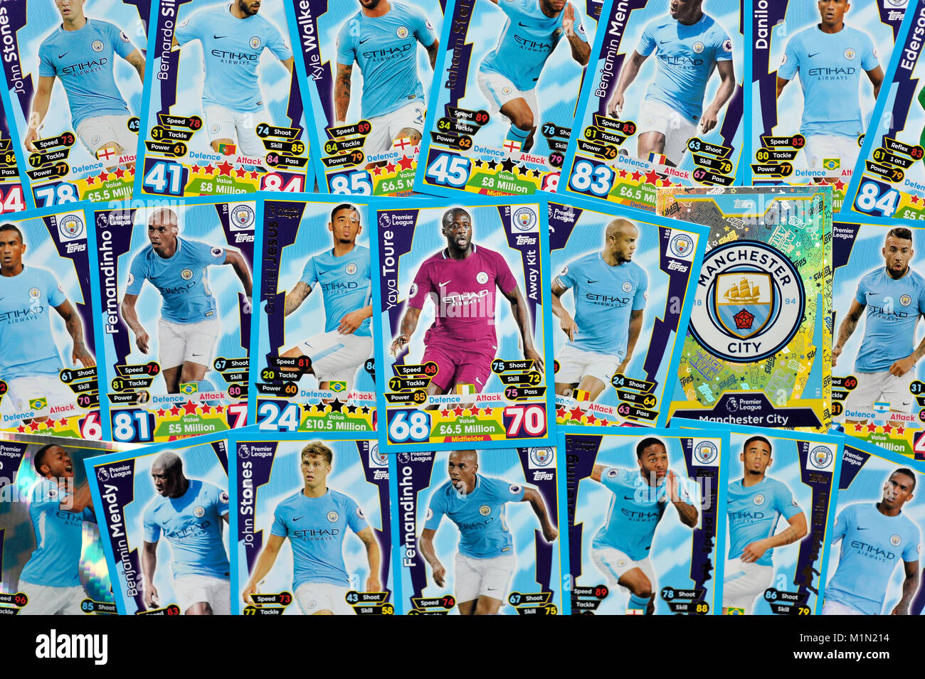 Manchester City Fußball-Übertragungen tops attax Sammelkartenspiel überein Stockfoto