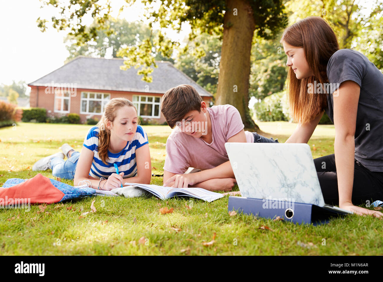 Teenage Studenten sitzen draußen und die am Projekt Stockfoto