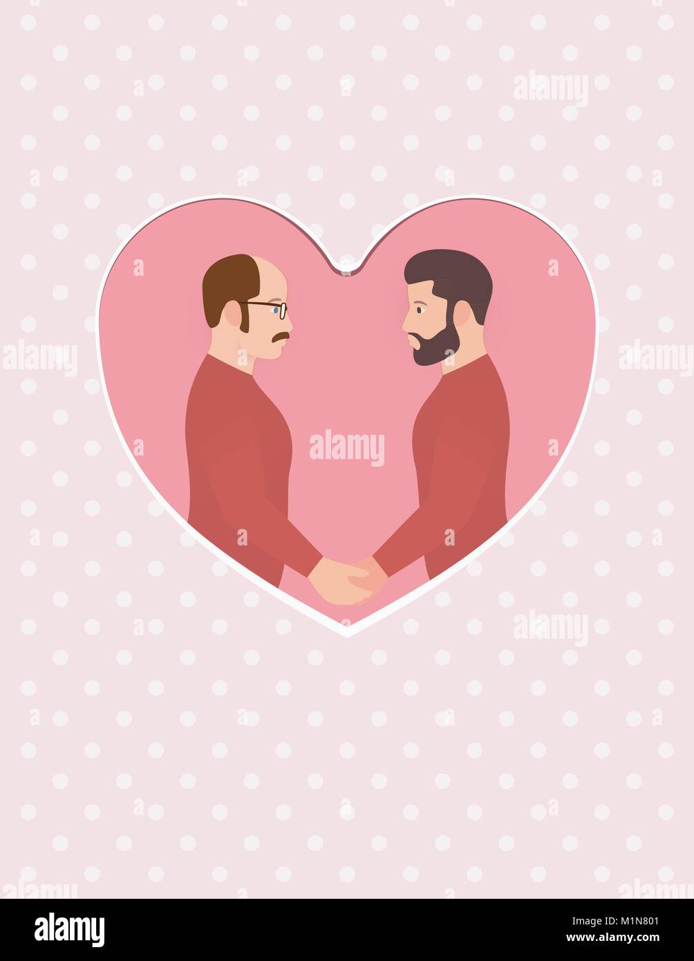 Zwei Männer, Multirassischen homosexuelles Paar in Liebe, halten sich an den Händen und schaut in die Augen. Grußkarte für Happy Valentinstag, Verlobung oder Hochzeit oder Jubiläum. Stock Vektor