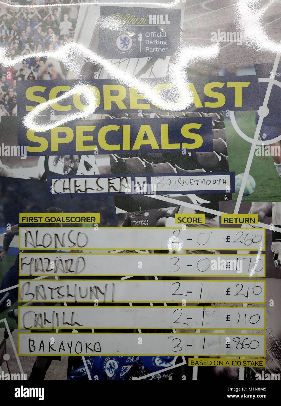 Vorteile sind auf einem William Hill wetten Board vor der Premier League Match an der Stamford Bridge, London angezeigt. PRESS ASSOCIATION Foto. Bild Datum: Mittwoch, 31. Januar 2018. Siehe PA-Geschichte Fussball Chelsea. Photo Credit: Nigel Französisch/PA-Kabel. Einschränkungen: EDITORIAL NUR VERWENDEN Keine Verwendung mit nicht autorisierten Audio-, Video-, Daten-, Spielpläne, Verein/liga Logos oder "live" Dienstleistungen. On-line-in-Verwendung auf 75 Bilder beschränkt, kein Video-Emulation. Keine Verwendung in Wetten, Spiele oder einzelne Verein/Liga/player Publikationen. Stockfoto